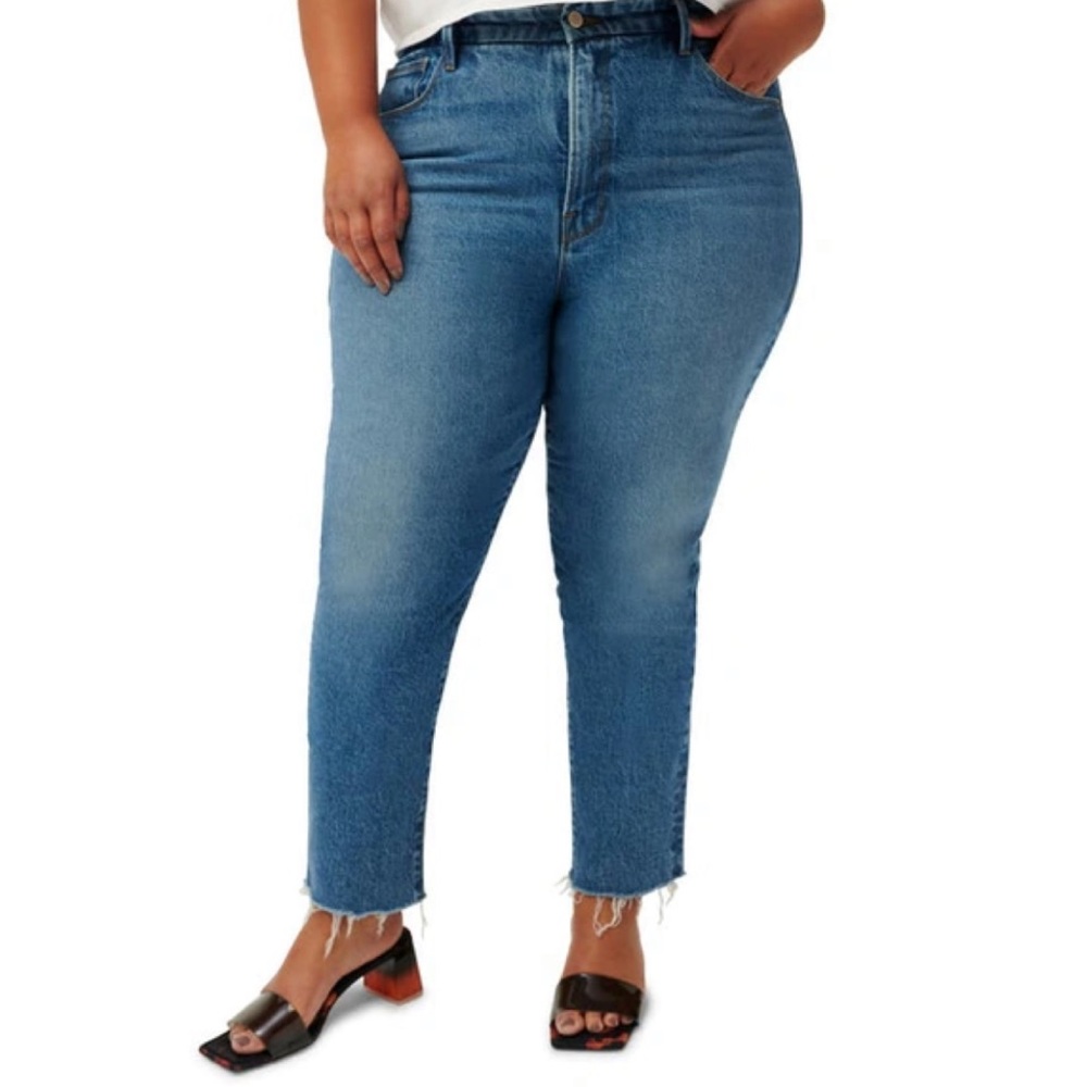 Good American Good Classic Straight Leg Jeans High Waist Raw Hem Sz 18 Blue754
